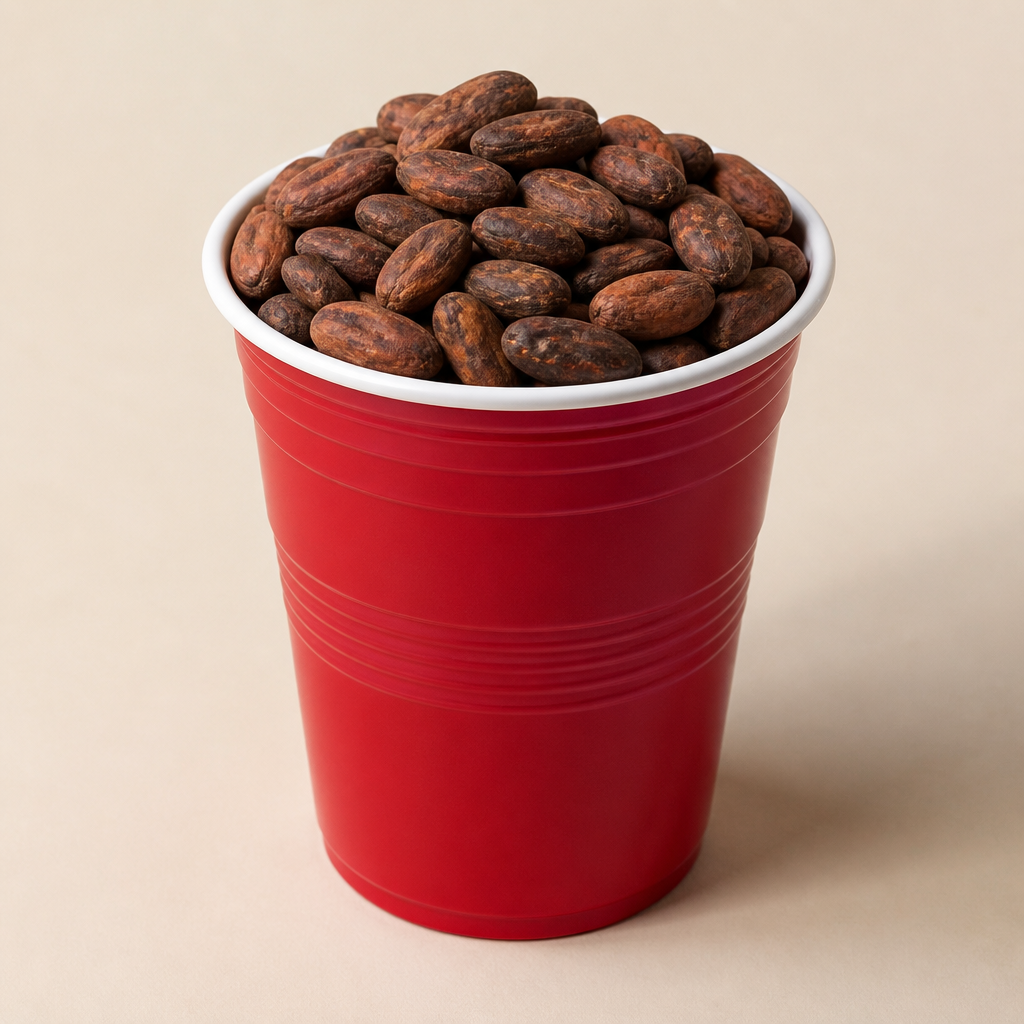 Red plastic cup filled with cocoa bean seeds — a symbol of FOUND Africa's planted roots