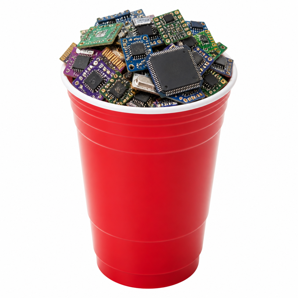 Red plastic cup filled with microchips