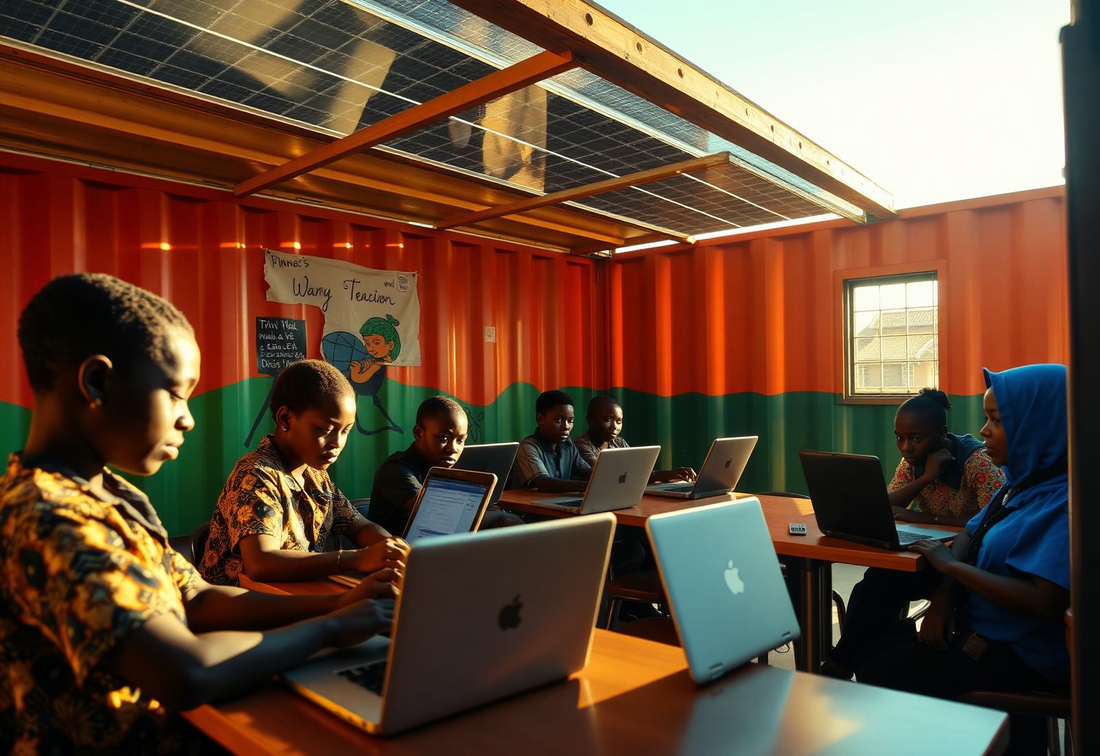 Young learners in a solar-powered shipping-container classroom in Nigeria